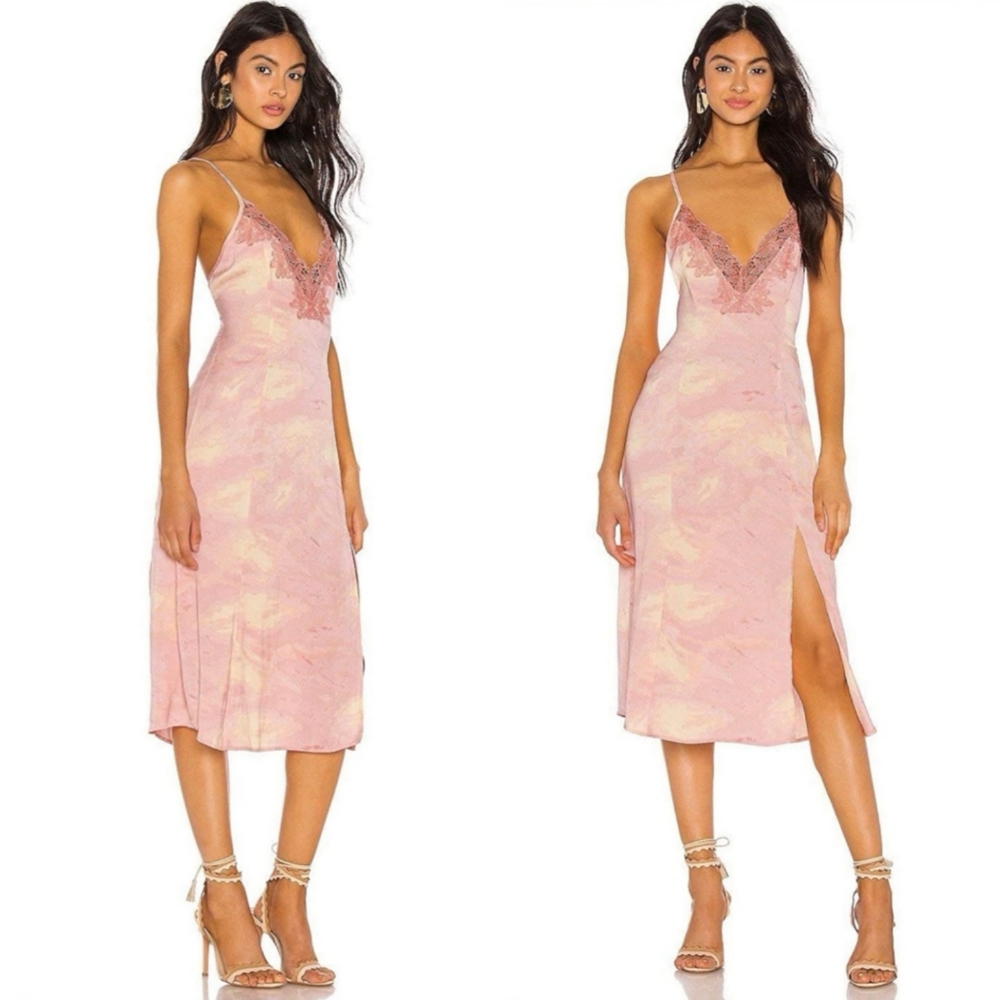 FREE PEOPLE Pink Silky Tie Dye Midi Slip Dress